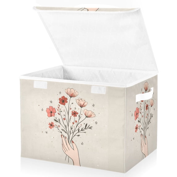 Yayeee Collapsible Storage Bin with Lid Fabric Closet Decorative Basket with Handles, Red Flower