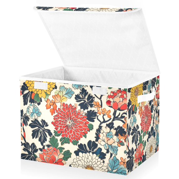 Yayeee Collapsible Cube Storage Bin with Lid Fabric Closet Decorative Basket with Handles, Red Flowers Pattern