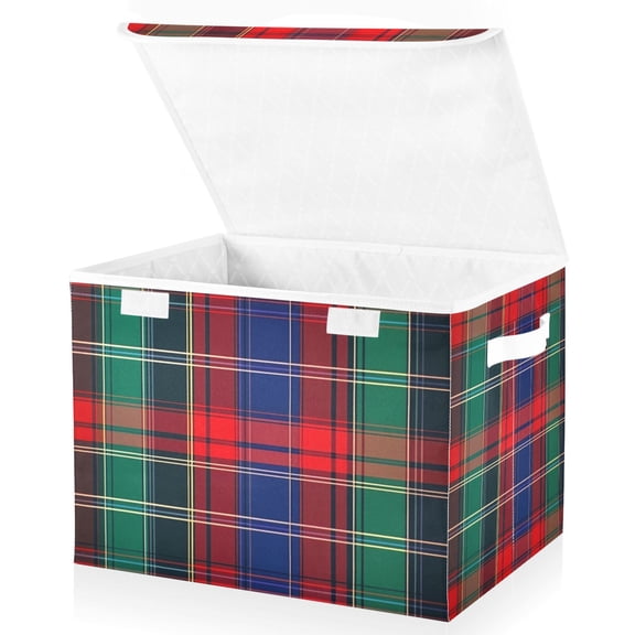 Yayeee Collapsible Cube Storage Bin with Lid Fabric Closet Decorative Basket with Handles, Red Green Pattern