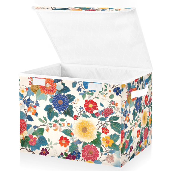 Yayeee Collapsible Cube Storage Bin with Lid Fabric Closet Decorative Basket with Handles, Red Japanese Floral Pattern