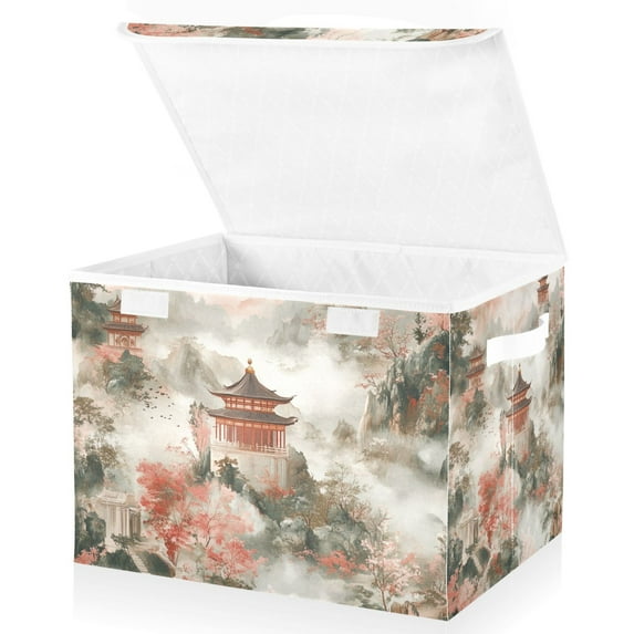 Yayeee Collapsible Cube Storage Bin with Lid Fabric Closet Decorative Basket with Handles, Red Mountain Pattern