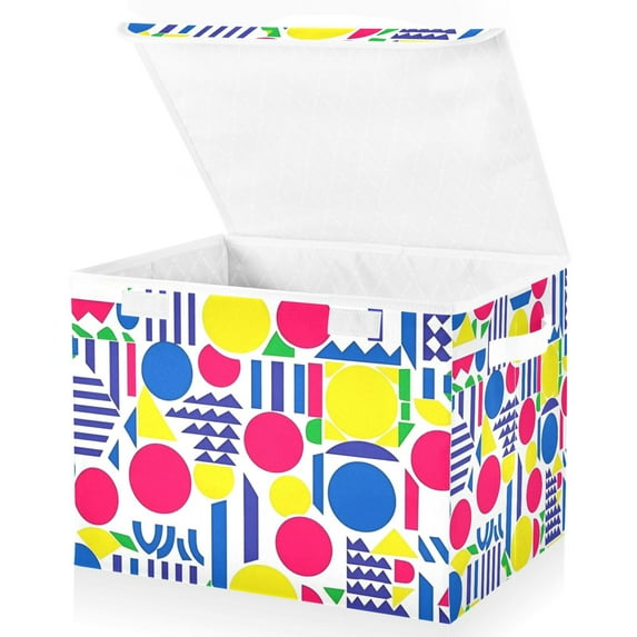 Yayeee Collapsible Cube Storage Bin with Lid Fabric Closet Decorative Basket with Handles, Red Retro Shapes