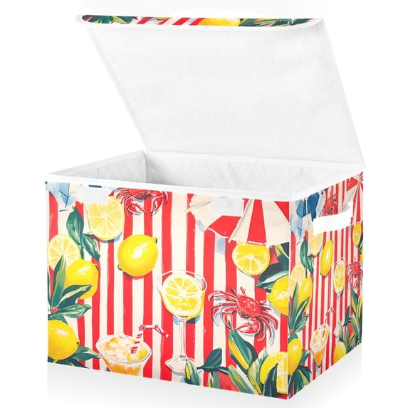 Yayeee Collapsible Cube Storage Bin with Lid Fabric Closet Decorative Basket with Handles, Red Striped Lemon