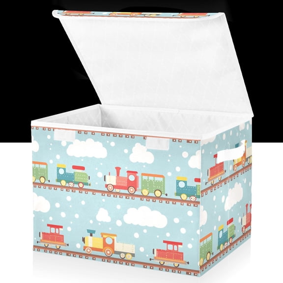 Yayeee Collapsible Cube Storage Bin with Lid Fabric Closet Decorative Basket with Handles, Red Trains Pattern