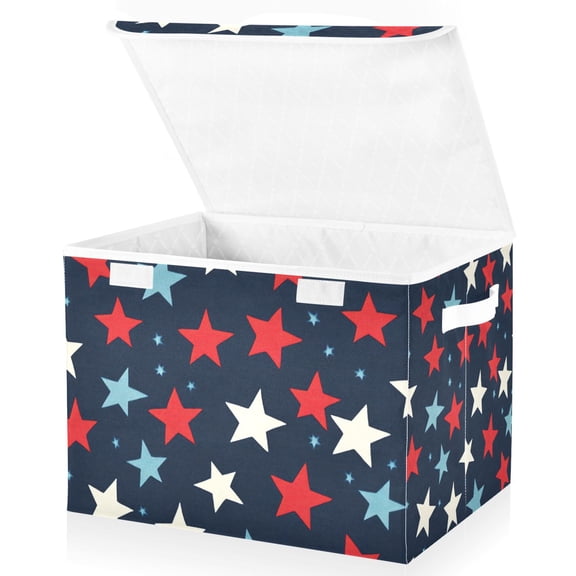 Yayeee Collapsible Cube Storage Bin with Lid Fabric Closet Decorative Basket with Handles, Red White Stars