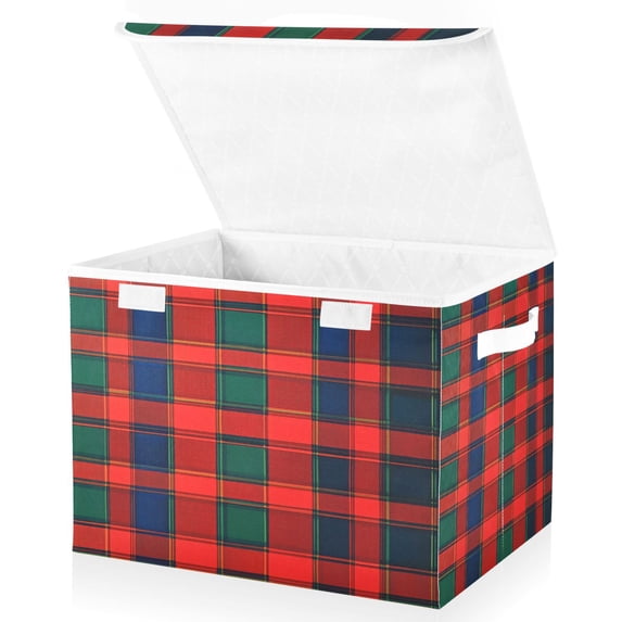 Yayeee Collapsible Cube Storage Bin with Lid Fabric Closet Decorative Basket with Handles, Red and Blue Pattern