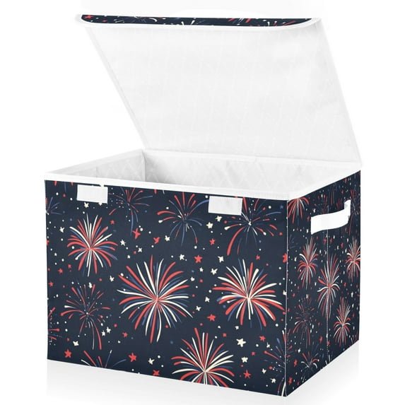 Yayeee Collapsible Cube Storage Bin with Lid Fabric Closet Decorative Basket with Handles, Red and White Fireworks Pattern