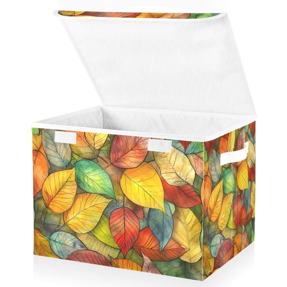 Yayeee Collapsible Cube Storage Bin with Lid Fabric Closet Decorative Basket with Handles, Retro Autumn Leaves