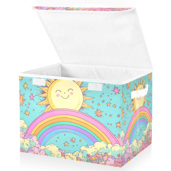 Yayeee Collapsible Cube Storage Bin with Lid Fabric Closet Decorative Basket with Handles, Retro Blue Rainbow