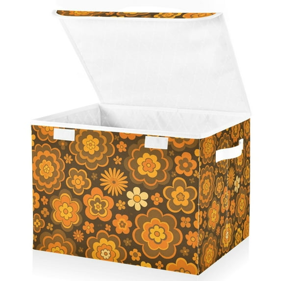Yayeee Collapsible Cube Storage Bin with Lid Fabric Closet Decorative Basket with Handles, Retro Orange Flowers