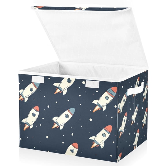 Yayeee Collapsible Cube Storage Bin with Lid Fabric Closet Decorative Basket with Handles, Rocket Pattern