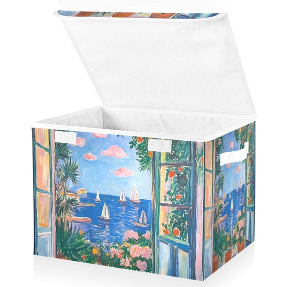 Yayeee Collapsible Cube Storage Bin with Lid Fabric Closet Decorative Basket with Handles, Sea Window