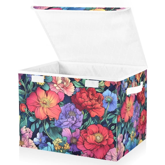 Yayeee Collapsible Storage Bin with Lid Fabric Closet Decorative Basket with Handles, Serene Floral Pattern