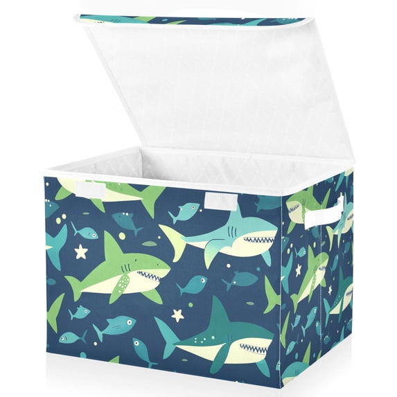 Yayeee Collapsible Storage Bin with Lid Fabric Closet Decorative Basket with Handles, Sharks Pattern
