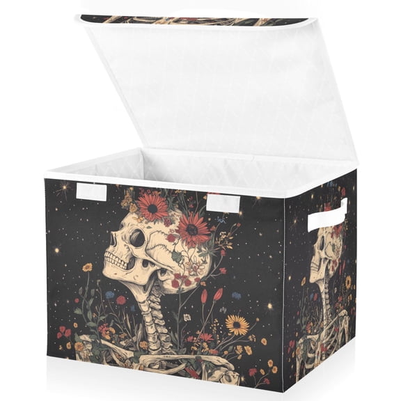 Yayeee Collapsible Storage Bin with Lid Fabric Closet Decorative Basket with Handles, Skeleton with Flowers Pattern