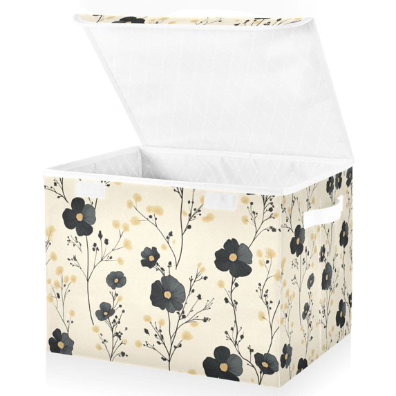 Yayeee Collapsible Storage Bin with Lid Fabric Closet Decorative Basket with Handles, Small Black Flowers