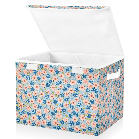 Yayeee Collapsible Cube Storage Bin with Lid Fabric Closet Decorative Basket with Handles, Small Pink Flower