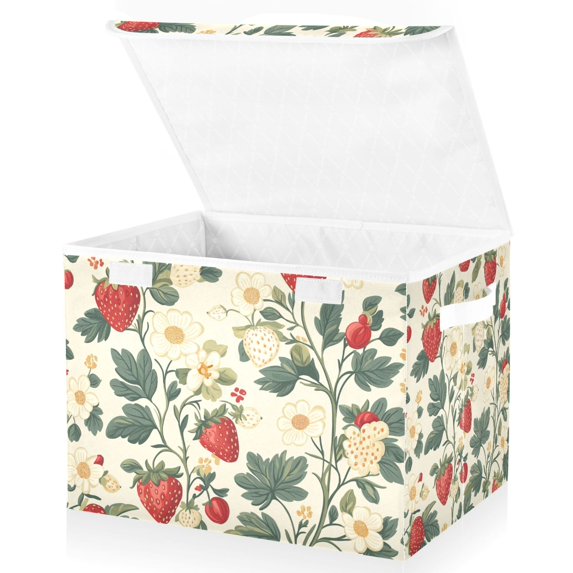 Yayeee Collapsible Storage Bin with Lid Fabric Closet Decorative Basket with Handles, Small Strawberry Pattern