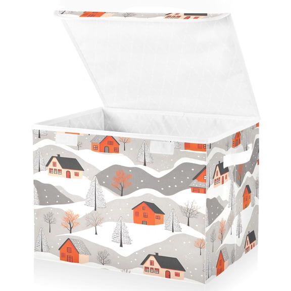 Yayeee Collapsible Cube Storage Bin with Lid Fabric Closet Decorative Basket with Handles, Snow Cartoon Houses