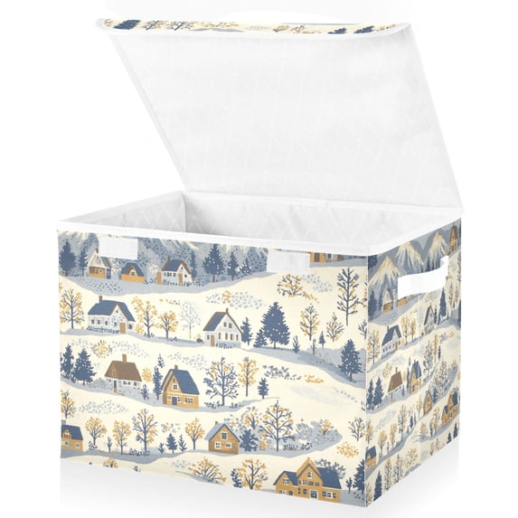 Yayeee Collapsible Storage Bin with Lid Fabric Closet Decorative Basket with Handles, Snowy Mountains