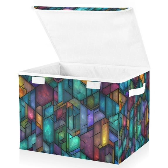 Yayeee Collapsible Cube Storage Bin with Lid Fabric Closet Decorative Basket with Handles, Stained Glass Pattern
