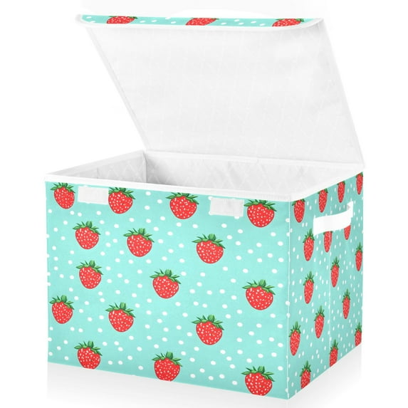 Yayeee Collapsible Cube Storage Bin with Lid Fabric Closet Decorative Basket with Handles, Strawberry Pattern