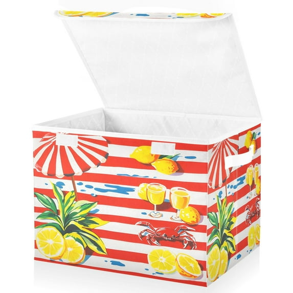 Yayeee Collapsible Cube Storage Bin with Lid Fabric Closet Decorative Basket with Handles, Striped Lemon