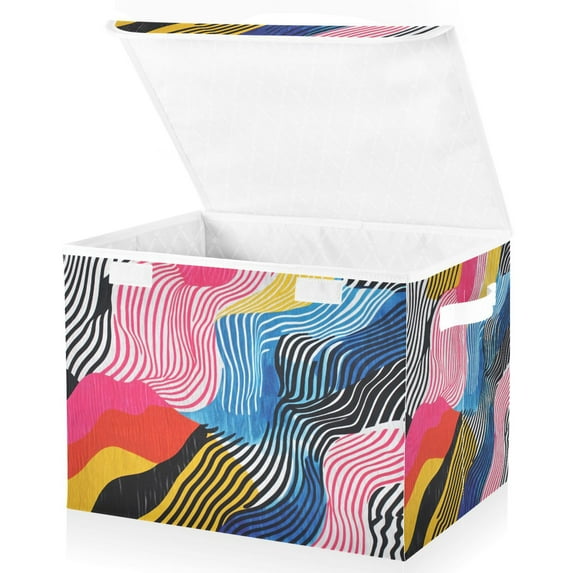 Yayeee Collapsible Cube Storage Bin with Lid Fabric Closet Decorative Basket with Handles, Stripes Pattern