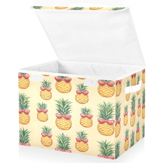 Yayeee Collapsible Storage Bin with Lid Fabric Closet Decorative Basket with Handles, Sunshine Pineapples