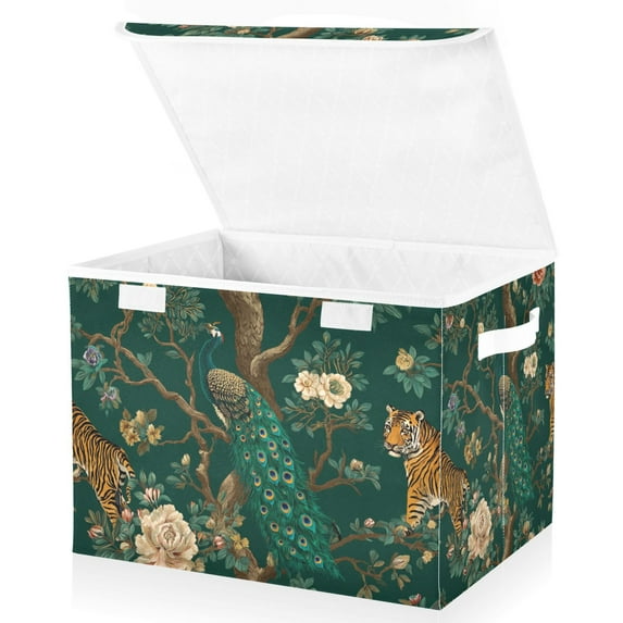 Yayeee Collapsible Cube Storage Bin with Lid Fabric Closet Decorative Basket with Handles, Tiger and Peacock Pattern