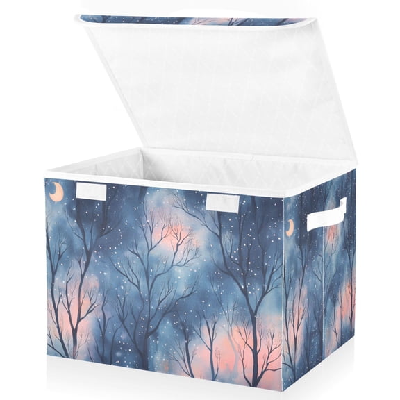 Yayeee Collapsible Cube Storage Bin with Lid Fabric Closet Decorative Basket with Handles, Trees in The Night