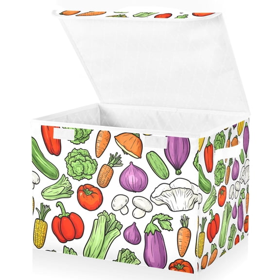 Yayeee Collapsible Cube Storage Bin with Lid Fabric Closet Decorative Basket with Handles, Vegetables Pattern