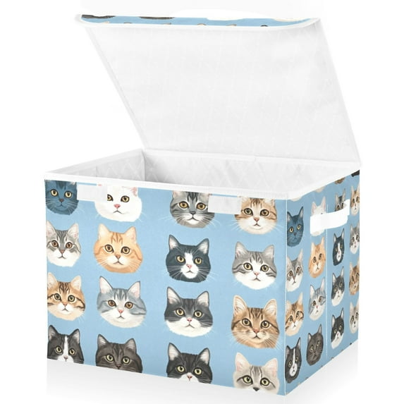 Yayeee Collapsible Cube Storage Bin with Lid Fabric Closet Decorative Basket with Handles, Vibrant Cute Cat