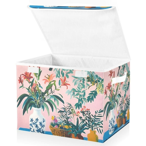 Yayeee Collapsible Cube Storage Bin with Lid Fabric Closet Decorative Basket with Handles, Vibrant Flowers