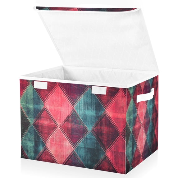 Yayeee Collapsible Storage Bin with Lid Fabric Closet Decorative Basket with Handles, Vibrant Green Tartan Pattern