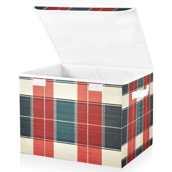 Yayeee Collapsible Storage Bin with Lid Fabric Closet Decorative Basket with Handles, Vibrant Red Tartan Pattern