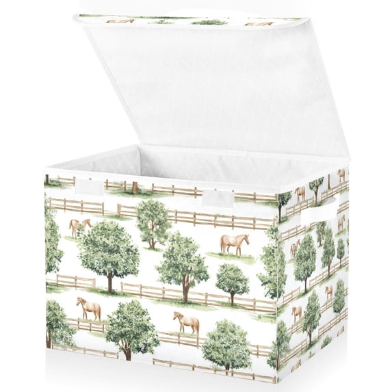 Yayeee Collapsible Cube Storage Bin with Lid Fabric Closet Decorative Basket with Handles, Watercolor Horses Pattern
