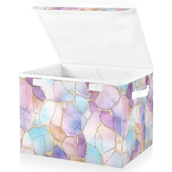 Yayeee Collapsible Cube Storage Bin with Lid Fabric Closet Decorative Basket with Handles, Watercolor Marble Pattern