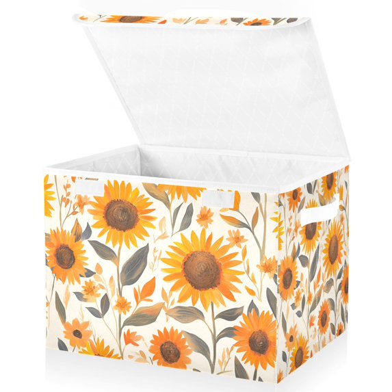 Yayeee Collapsible Cube Storage Bin with Lid Fabric Closet Decorative Basket with Handles, Watercolor Sunflowers and Leaves