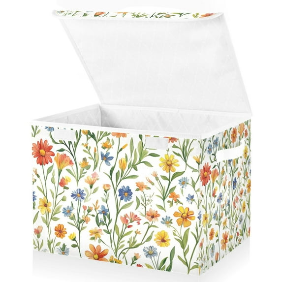 Yayeee Collapsible Cube Storage Bin with Lid Fabric Closet Decorative Basket with Handles, Watercolor Wildflowers Pattern
