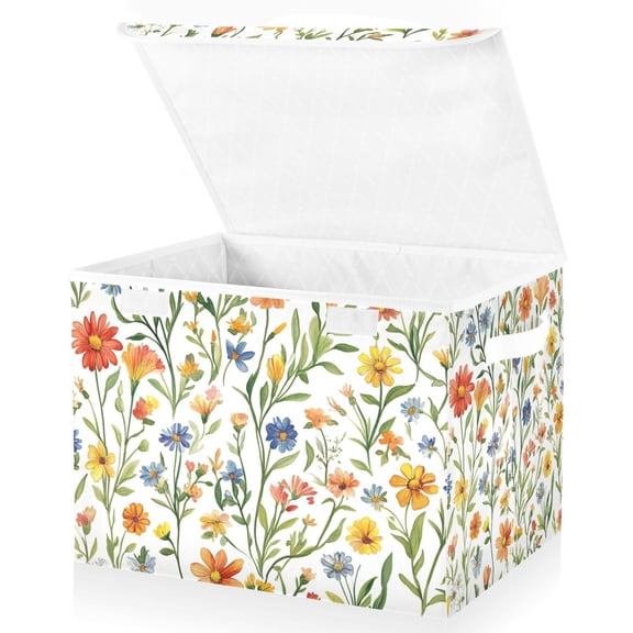 Yayeee Collapsible Cube Storage Bin with Lid Fabric Closet Decorative Basket with Handles, Watercolor Wildflowers Pattern