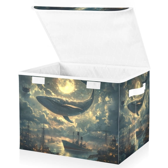 Yayeee Collapsible Storage Bin with Lid Fabric Closet Decorative Basket with Handles, Whale and Moon