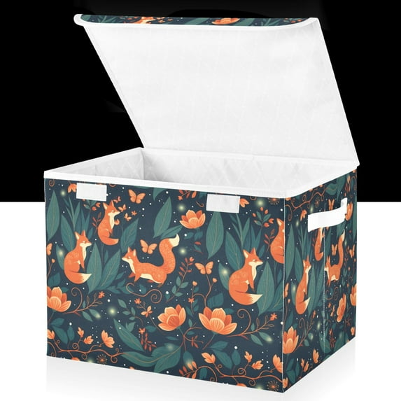 Yayeee Collapsible Cube Storage Bin with Lid Fabric Closet Decorative Basket with Handles, Whimsical Foxes Pattern
