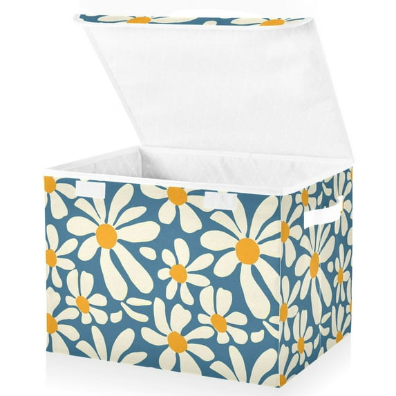 Yayeee Collapsible Cube Storage Bin with Lid Fabric Closet Decorative Basket with Handles, Whimsy Daisy Pattern
