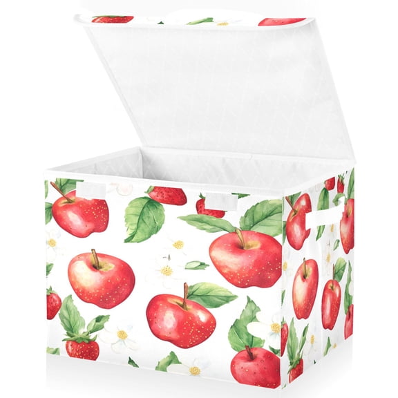Yayeee Collapsible Cube Storage Bin with Lid Fabric Closet Decorative Basket with Handles, White Apple Pattern