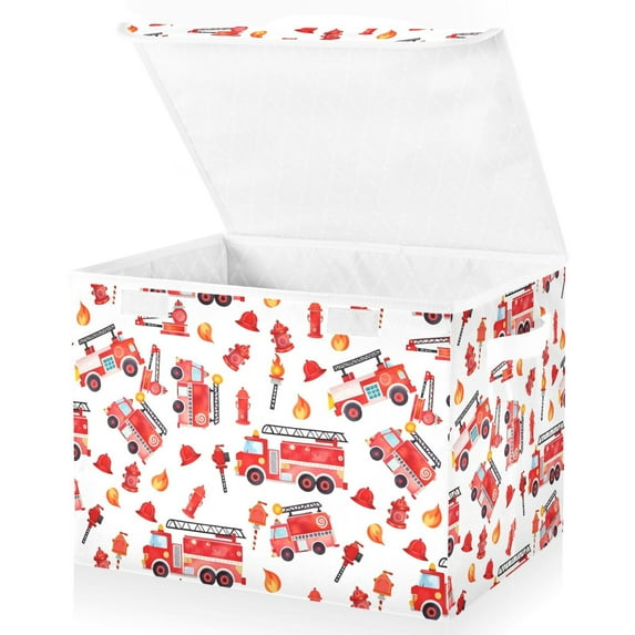 Yayeee Collapsible Cube Storage Bin with Lid Fabric Closet Decorative Basket with Handles, White Cartoon Fire Truck Pattern