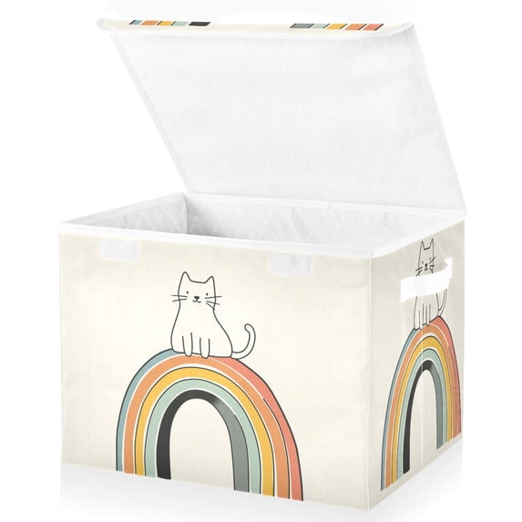Yayeee Collapsible Cube Storage Bin with Lid Fabric Closet Decorative Basket with Handles, White Cat Rainbow