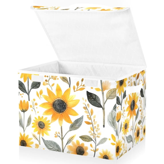 Yayeee Collapsible Cube Storage Bin with Lid Fabric Closet Decorative Basket with Handles, White Watercolor Sunflowers