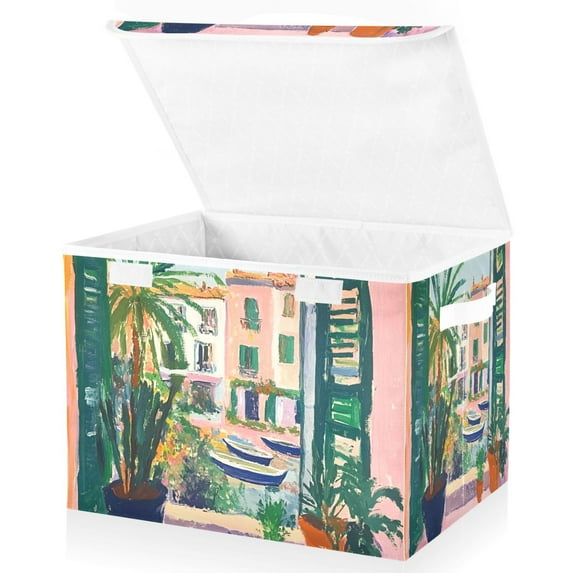 Yayeee Collapsible Cube Storage Bin with Lid Fabric Closet Decorative Basket with Handles, Window Scene