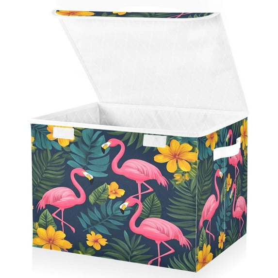 Yayeee Collapsible Cube Storage Bin with Lid Fabric Closet Decorative Basket with Handles, Yellow Floral Flamingo